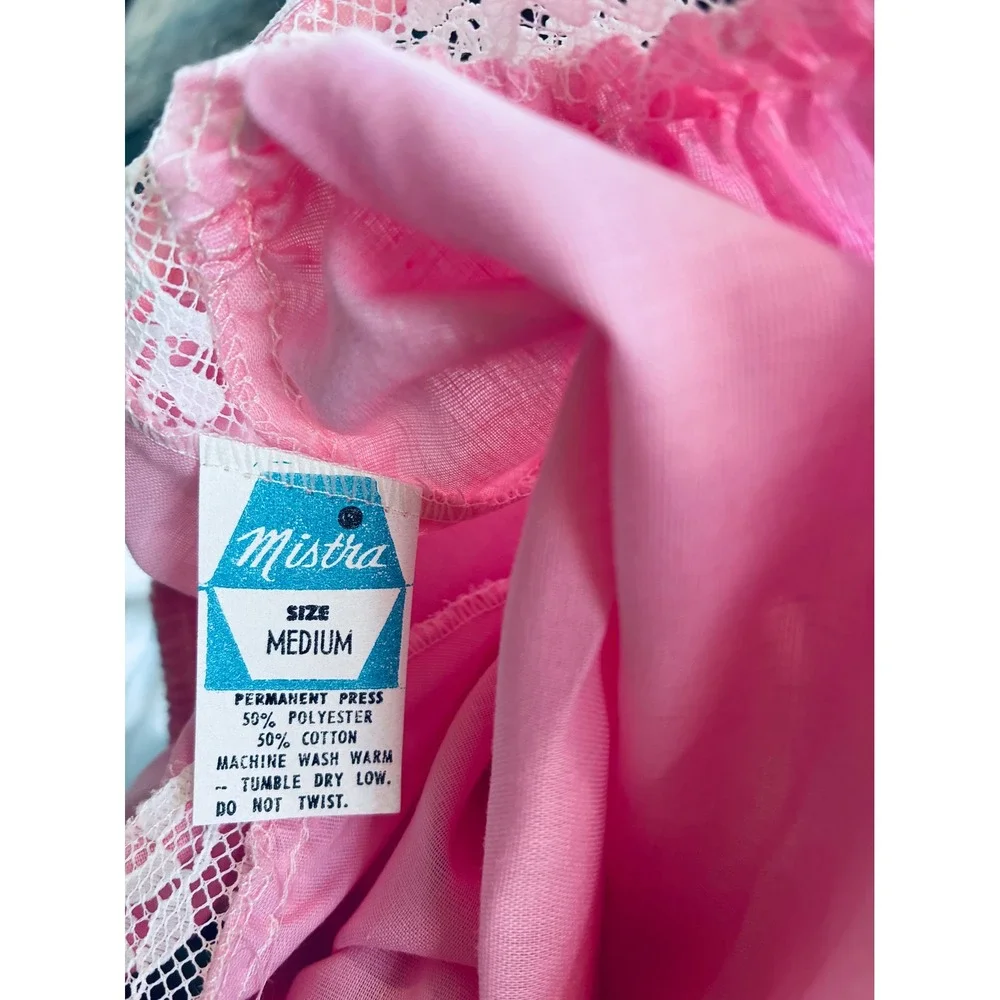 Mistra Vintage Pink Lace Trim‎ Nightgown Maxi Sleepwear Medium Cottagecore Bow